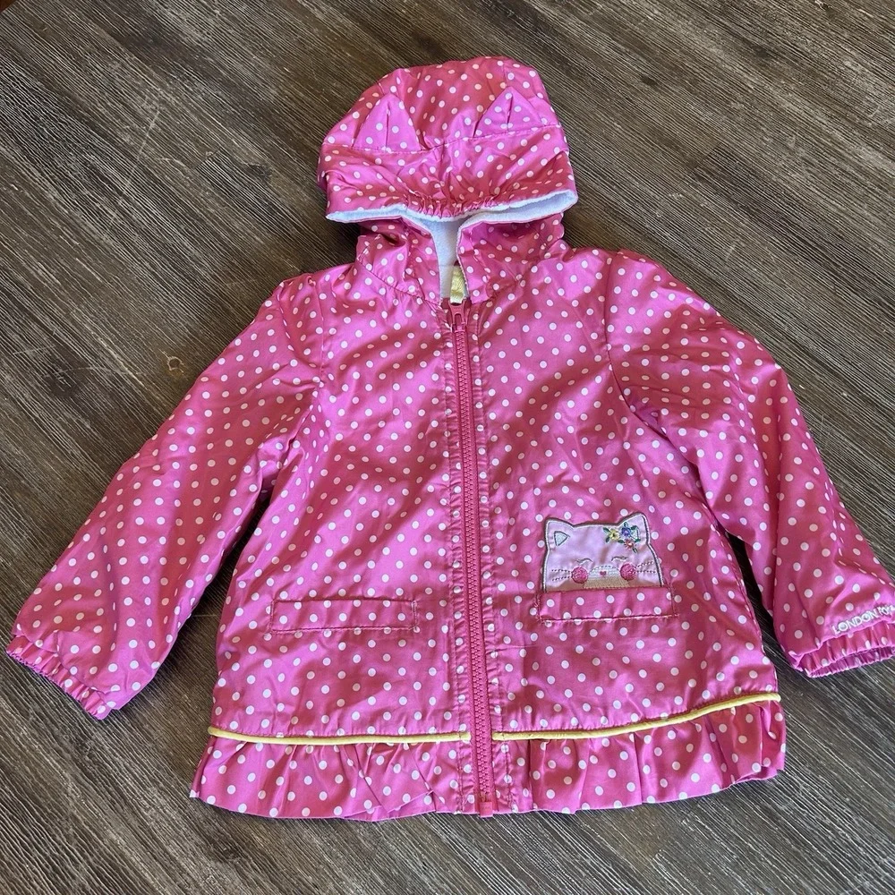 London Fog Girls Polka Dot Raincoat Jacket Hooded Size 18 Months Coat Cat Kitten
